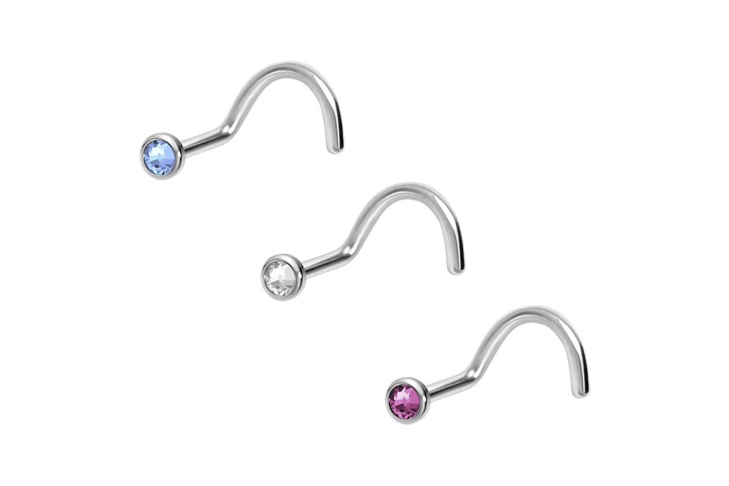 3er Set Titan Nasenstecker Nasenpiercing Spirale FLACHE KRISTALLDISC